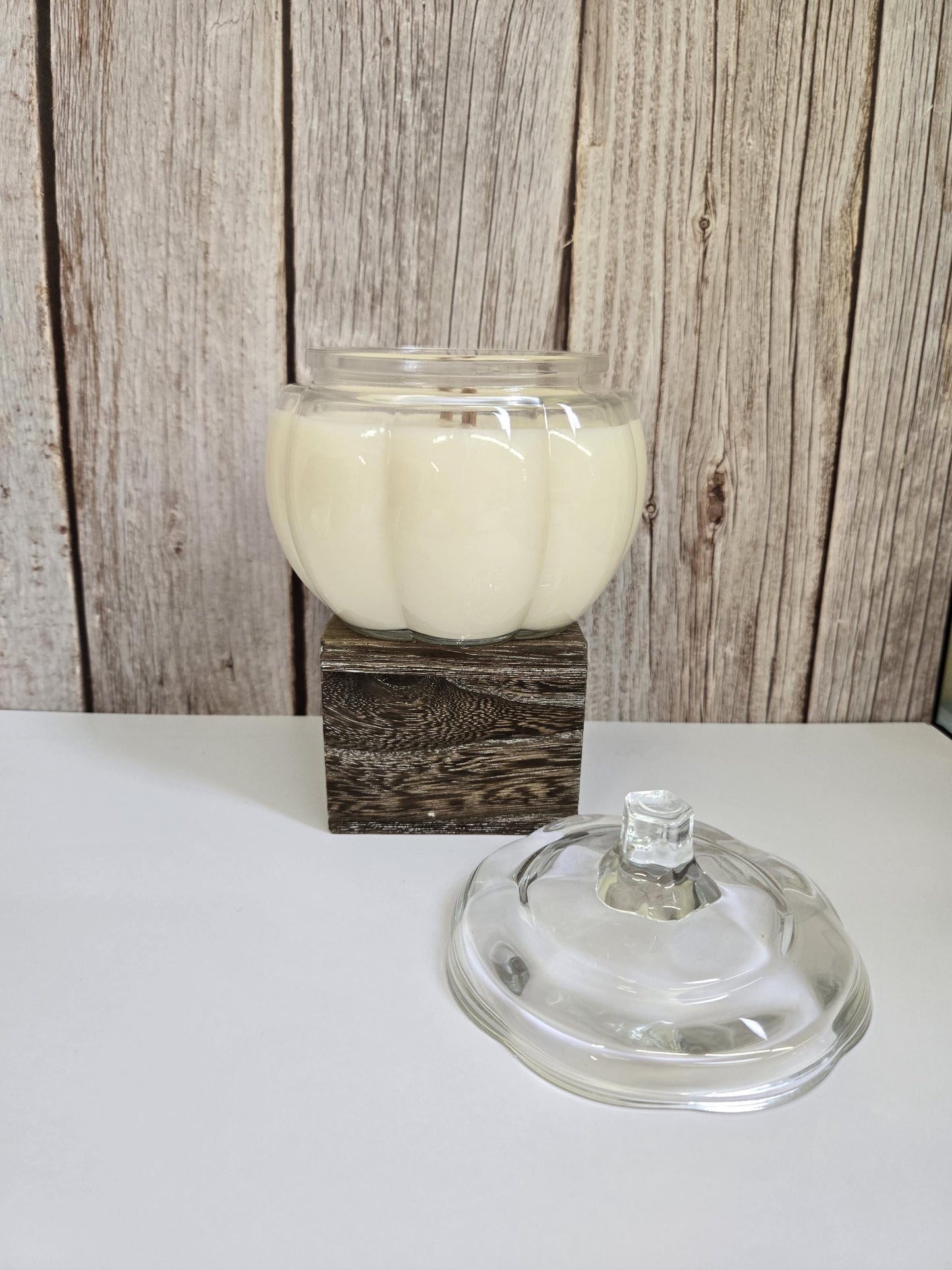 Glass Pumpkin Soy Wax 14oz Candle Reusable Jar in Fall Scents for Autumn Halloween